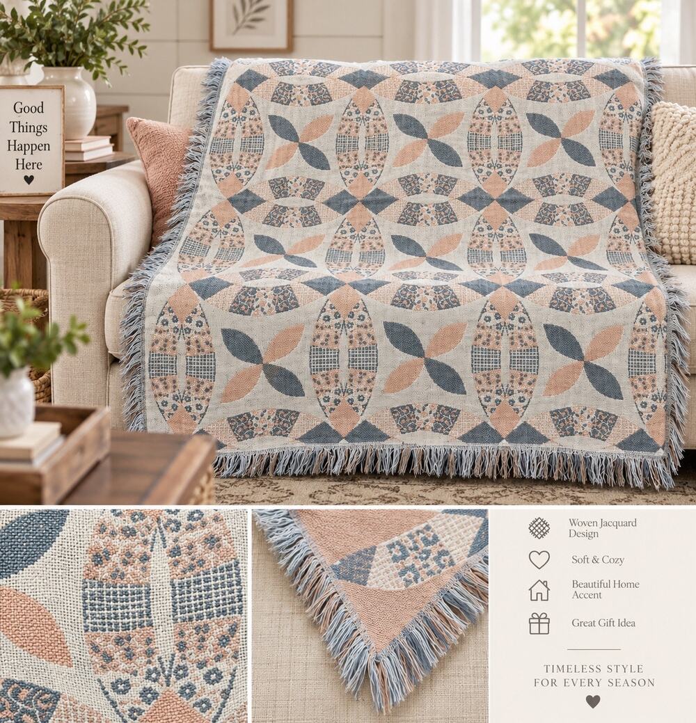 Reversible Woven Jacquard Throw Blanket Pink Blue Cream Quilt Pattern Fringe